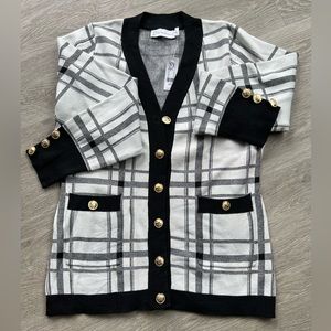 NY & Company Black & White Plaid Cardigan Size Small
